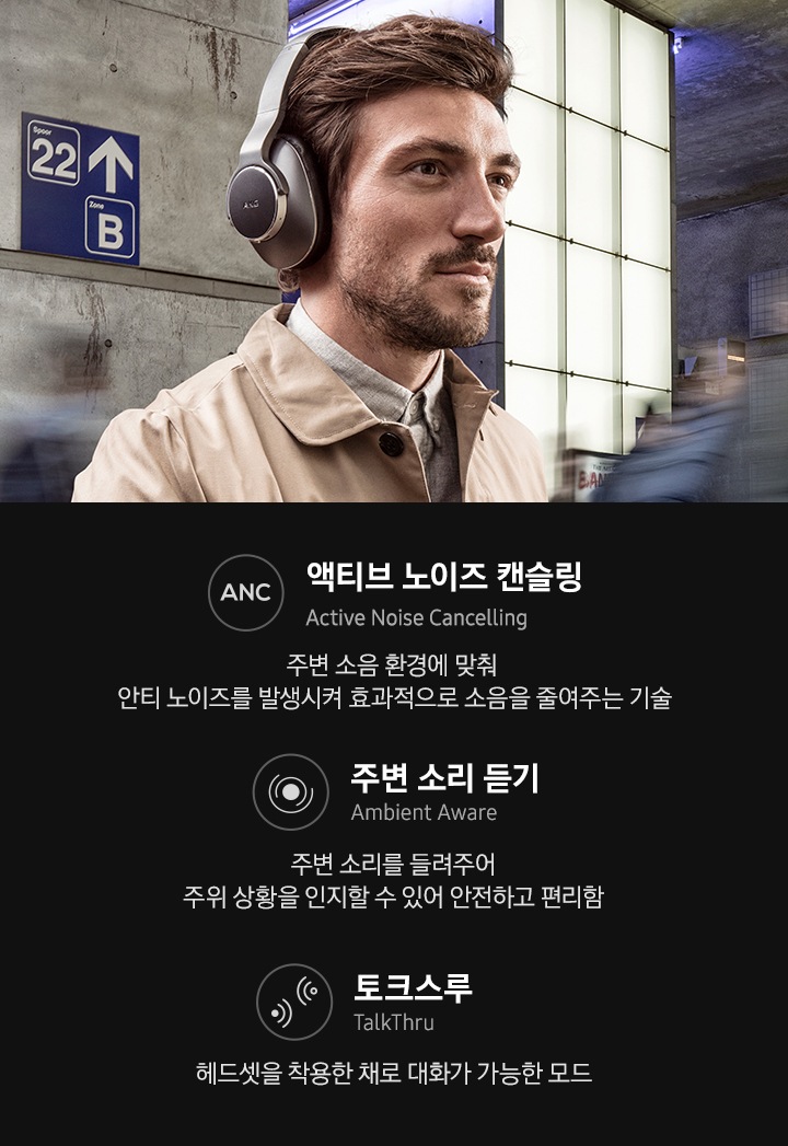 [3가지 프리셋 모드인 액티브 노이즈 캔슬링, 주변 소리 듣기, 톡쓰루 설명입니다. 1. 액티브 노이즈 캔슬링 (Áctí~vé Ñó~ísé C~áñcé~llíñ~g) 소리에만 집중할 수 있는 온전한 액티브 노이즈 캔슬링. ÁÑC~ 아이콘이 보여집니다.2. 주변 소리 듣기 (Ámbí~éñt Á~wáré~) 주변 소리를 들려주어 주위 상황을 인지할 수 있어 안전하고 편리함. 라운드 파장 모양 아이콘이 보여집니다.3. 톡쓰루 (Tálk~Thrú~) 이어폰을 착용한 채로 대화가 가능한 모드. 대화하는 모양의 아이콘이 보여집니다.]