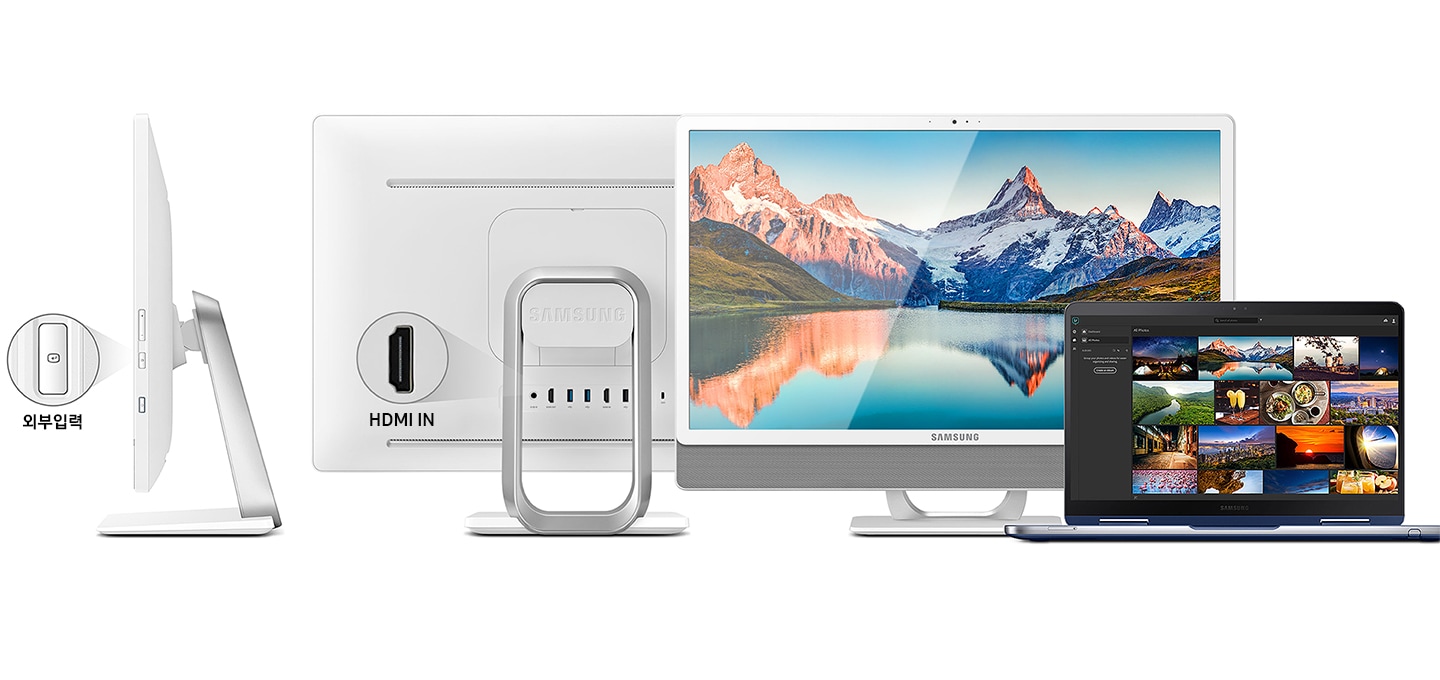 외부입력 단자와 HDMI 포트가 확대되어 보이고 우측에는 제품 디스플레이와 노트북에 같은 화면이 보이는 모습