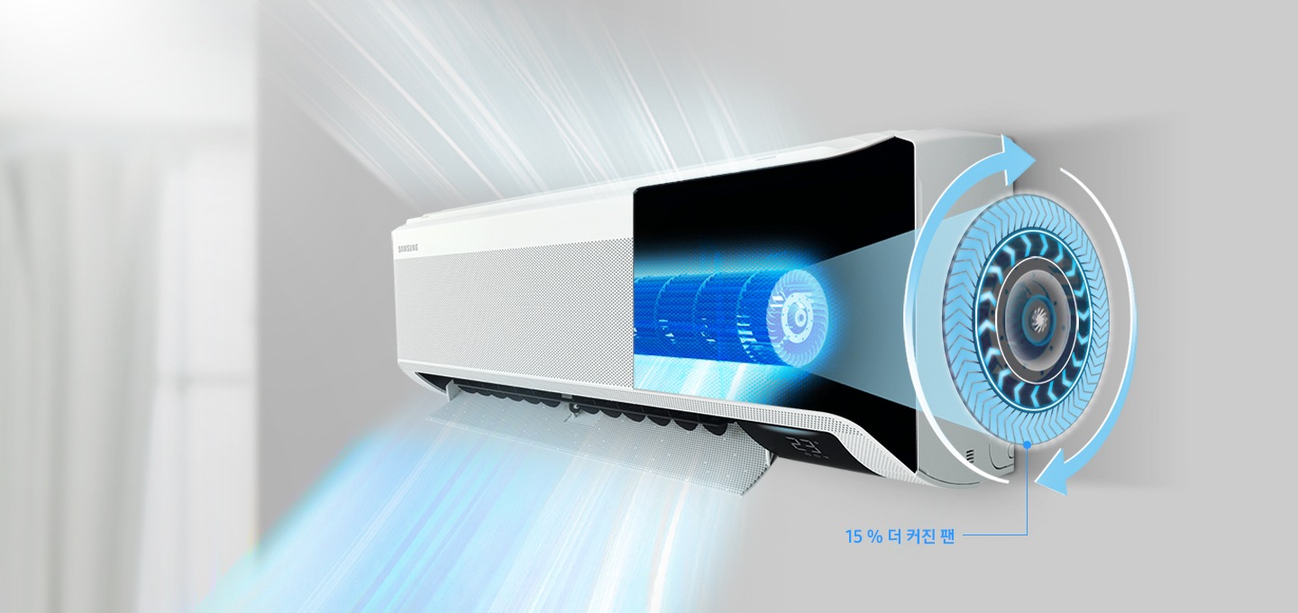 에어컨 내부의 팬 영역이 확대되어 보이며, 15 % 더 커진 팬으로 에어컨이 작동중인 모습이 보입니다.