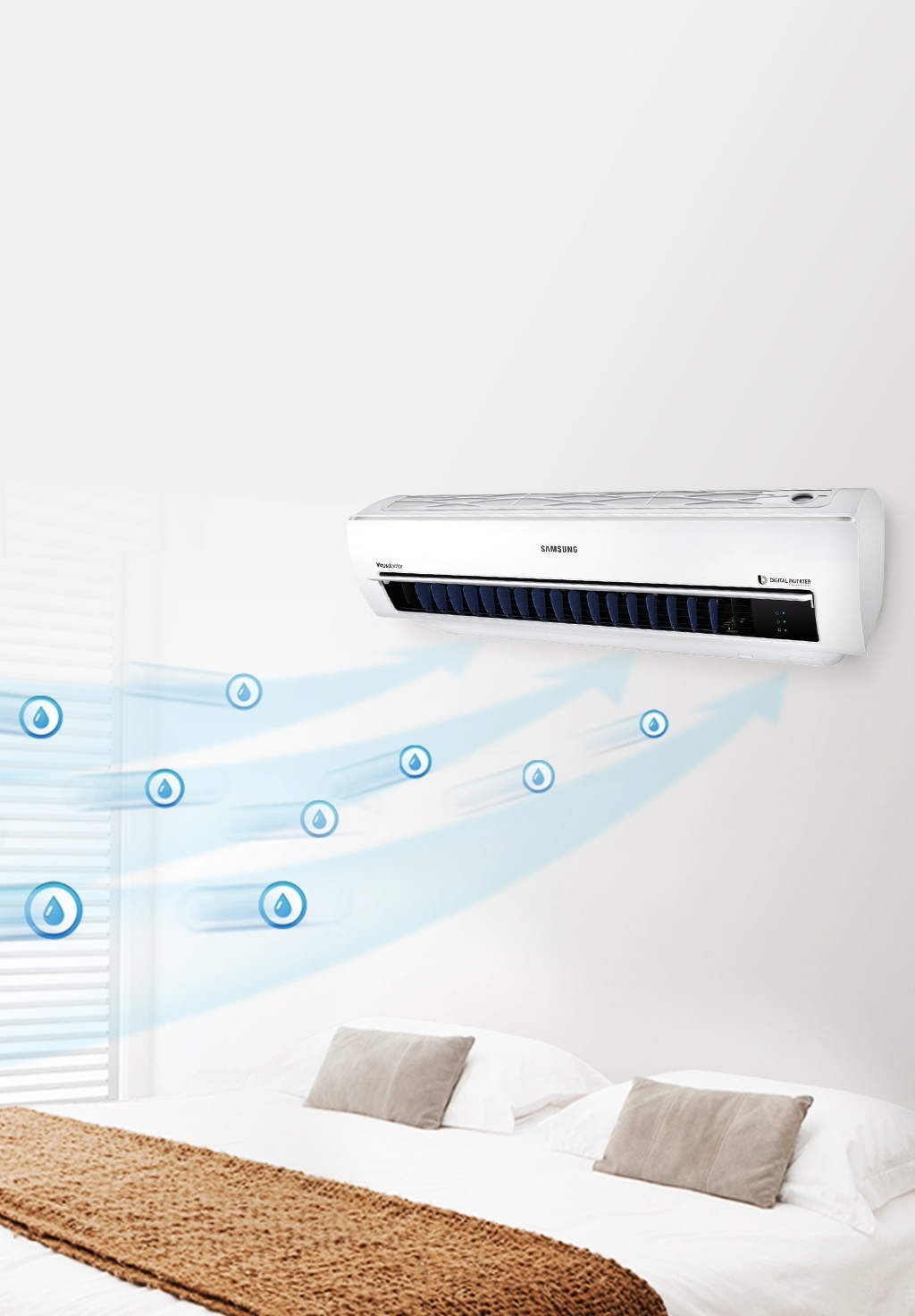 하얀 침구가 있는 방에 에어컨이 있고 공기중의 습기가 에어컨으로 빨려 들어가서 강력하게 제습 됨을 나타내는 모습입니다.