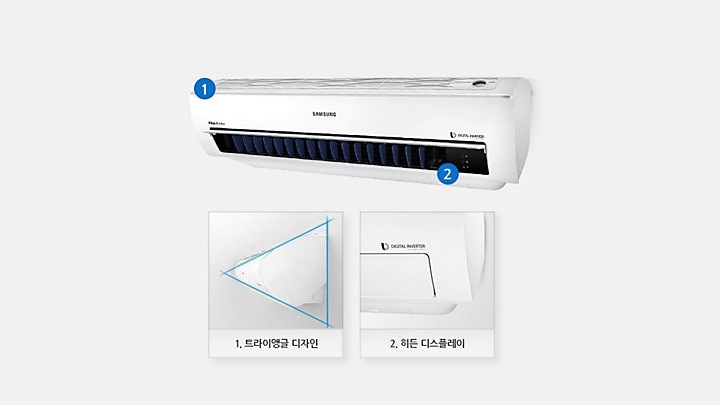 에어컨의 측면은 트라이앵글의 형태를 하여 새로운 스타일의 프리미엄 디자인을 선보이고 있으며 숨겨져 있는 히든 디스플레이와 크리스탈 글로스의 외관을 나타내고 있는 모습입니다.
