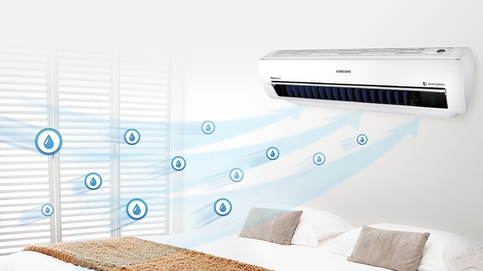 하얀 침구가 있는 방에 에어컨이 있고 공기중의 습기가 에어컨으로 빨려 들어가서 강력하게 제습 됨을 나타내는 모습입니다. 