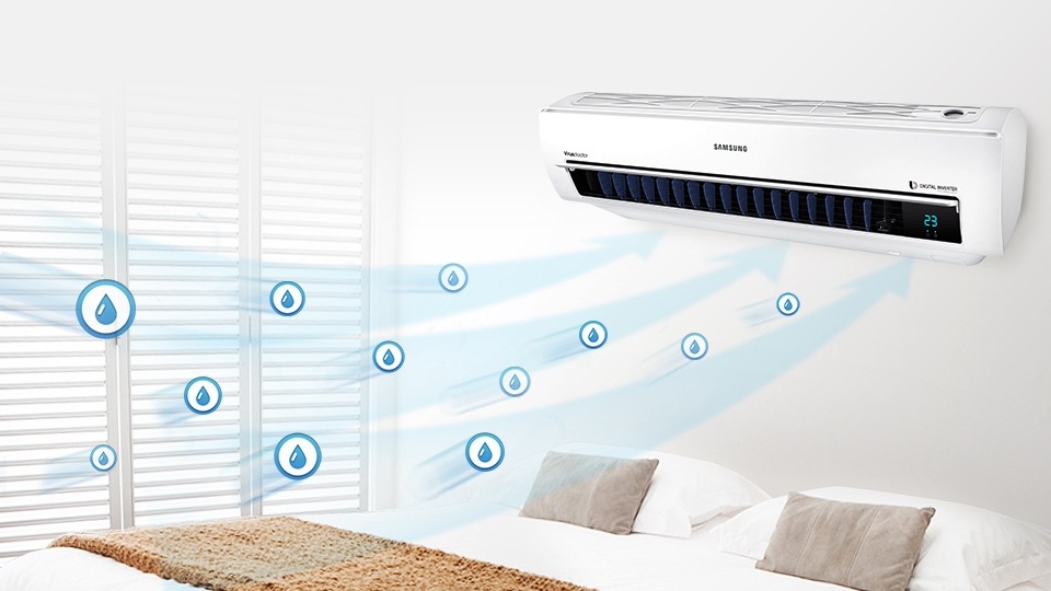 하얀 침구가 있는 방에 에어컨이 있고 공기중의 습기가 에어컨으로 빨려 들어가서 강력하게 제습 됨을 나타내는 모습입니다. 