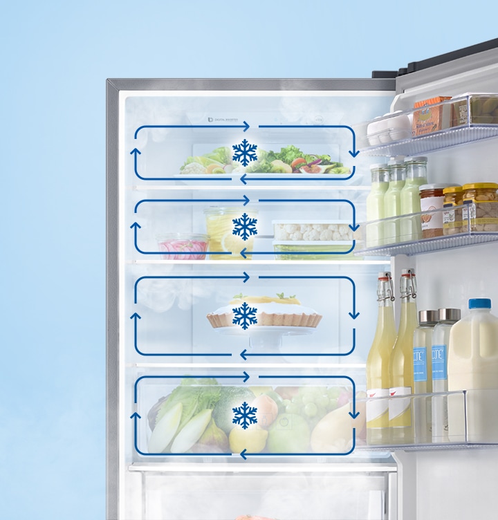냉장고 상단 부분을 확대하여 선반마다 화살표로 냉각이 가능함을 보여주고 있습니다