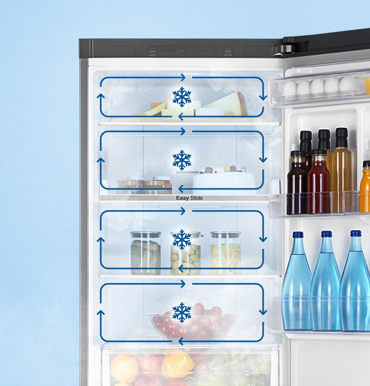 상칸 도어가 열린 제품의 확대된 이미지가 보여지고 각 칸별로 냉각되는 모습의 인포그래픽이 보여집니다.