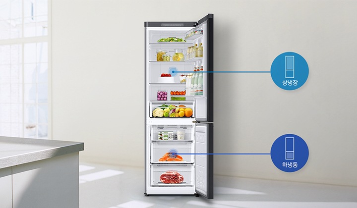 	상하칸 도어가 열린 제품이 보여지고, 상칸과 하칸에 각각 상냉장, 하냉동을 나타내는 아이콘과 텍스트가 보여집니다.