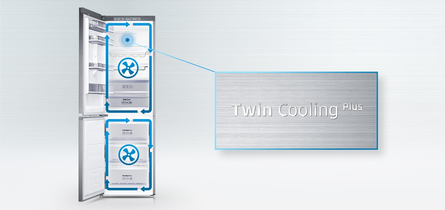 도어가 열린 제품이 보여지고, 상칸 내부에 트윈쿨링 마크가 확대되어 보여집니다.