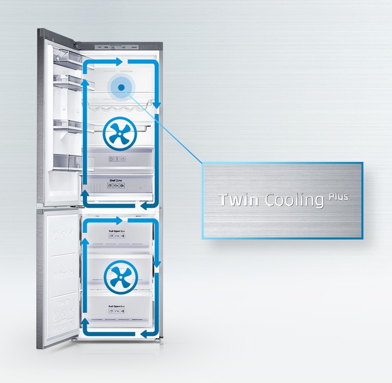 도어가 열린 제품이 보여지고, 상칸 내부에 트윈쿨링 마크가 확대되어 보여집니다.