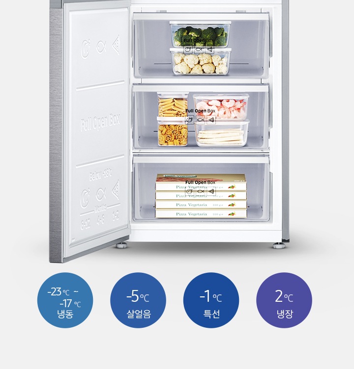 냉장고 하칸 냉동실 도어가 오픈되어 있으며 안에 야채와 칵테일 새우, 냉동피자 등이 들어있습니다. 내상컷 아래에는 각 모드별 온도가 나와있습니다. -23℃~-17℃ 냉동, -5℃ 살얼음, -1℃ 특선, 2℃ 냉장 문구가 나와있습니다.