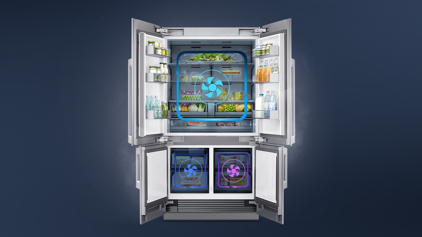 셰프컬렉션 냉장고 상하칸이 모두 오픈되어 있고 안에는 음료와 각종 식재료가 가득 차있는 제품 내상컷 이미지입니다. 각 칸마다 냉각기가 돌아가는 아이콘이 나와있어 각각의 칸마다 독립냉각이 가능한 모습을 연출한 이미지입니다.