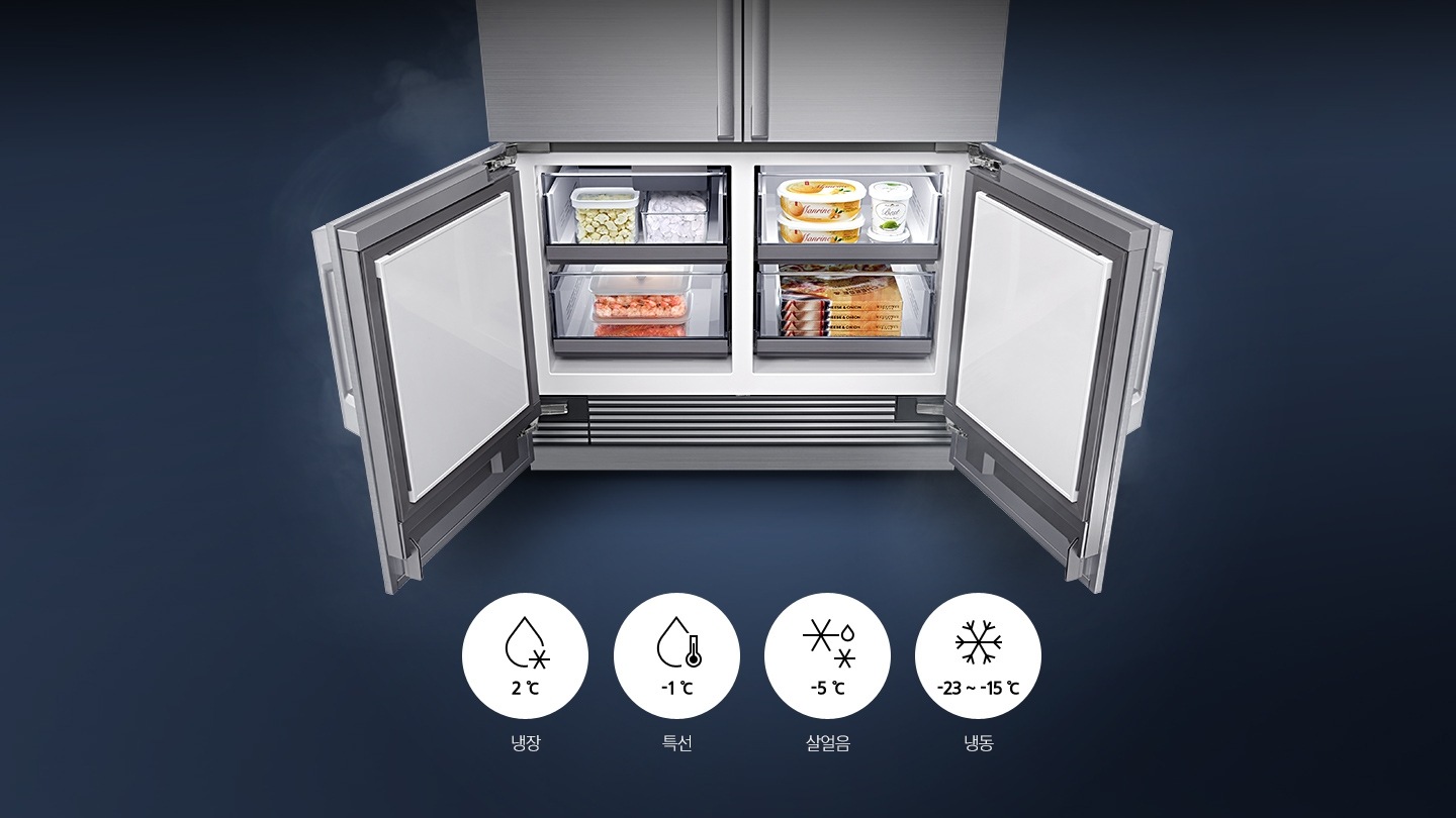 냉장고 하칸 냉동실에 오픈되어 있고 안에 여러가지 식재료와 냉동식품이 보관되어있는 제품 내상컷 이미지입니다. 제품컷 하단에는 물방울+얼음 모양 아이콘과 2℃ 냉장, 물방울+온도계 아이콘과 -1℃ 특선, 눈꽃 모양+작은 물방울 아이콘과 -5℃ 살얼음, 눈꽃 모양 아이콘과 -23℃~-15℃ 냉동 문구가 써 있습니다.