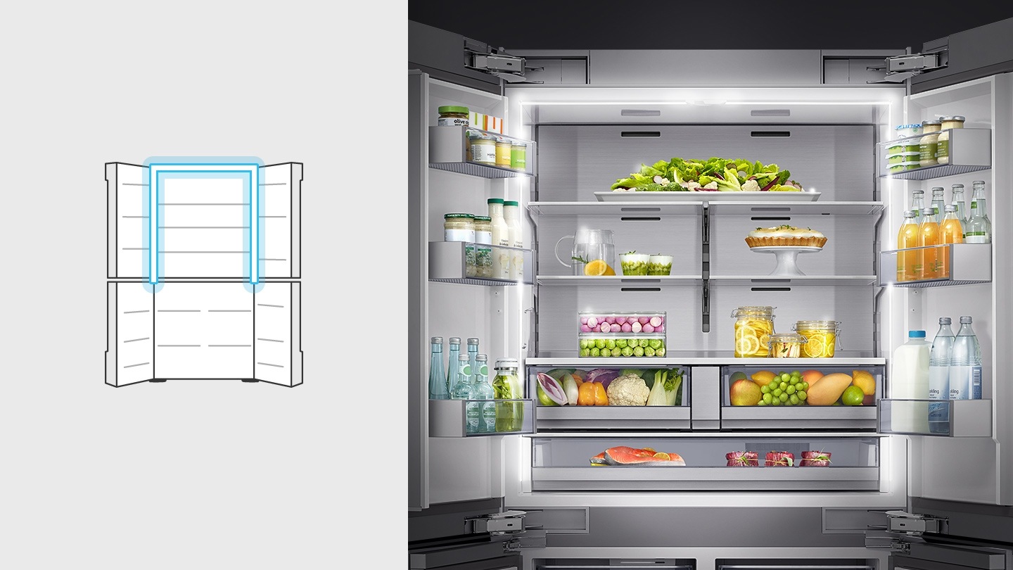 좌측에는 냉장고 상하칸 오픈컷 일러스트가 있고 상칸 벽면 좌측/우측/윗면에 파란색 테두리로 조명를 나타내는 표시가 되어있습니다. 우측에는 냉장고 상칸이 오픈되어 있고 안에 각종 음료와 음식이 가득 차있는 제품 내상컷입니다.