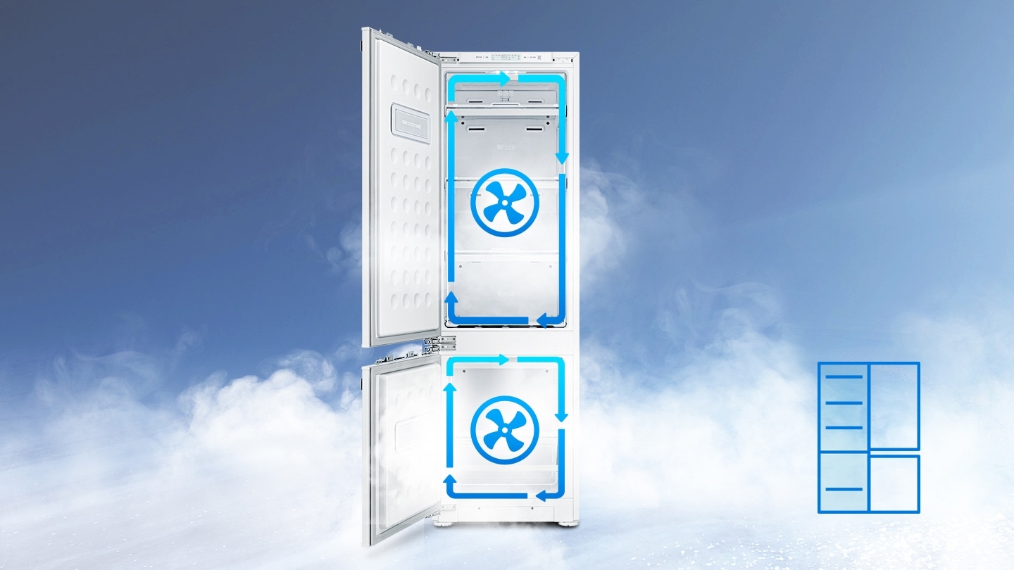 도어가 열린 냉장고에 냉각기가 돌아가는 아이콘과 화살표가 보여지고 있습니다.