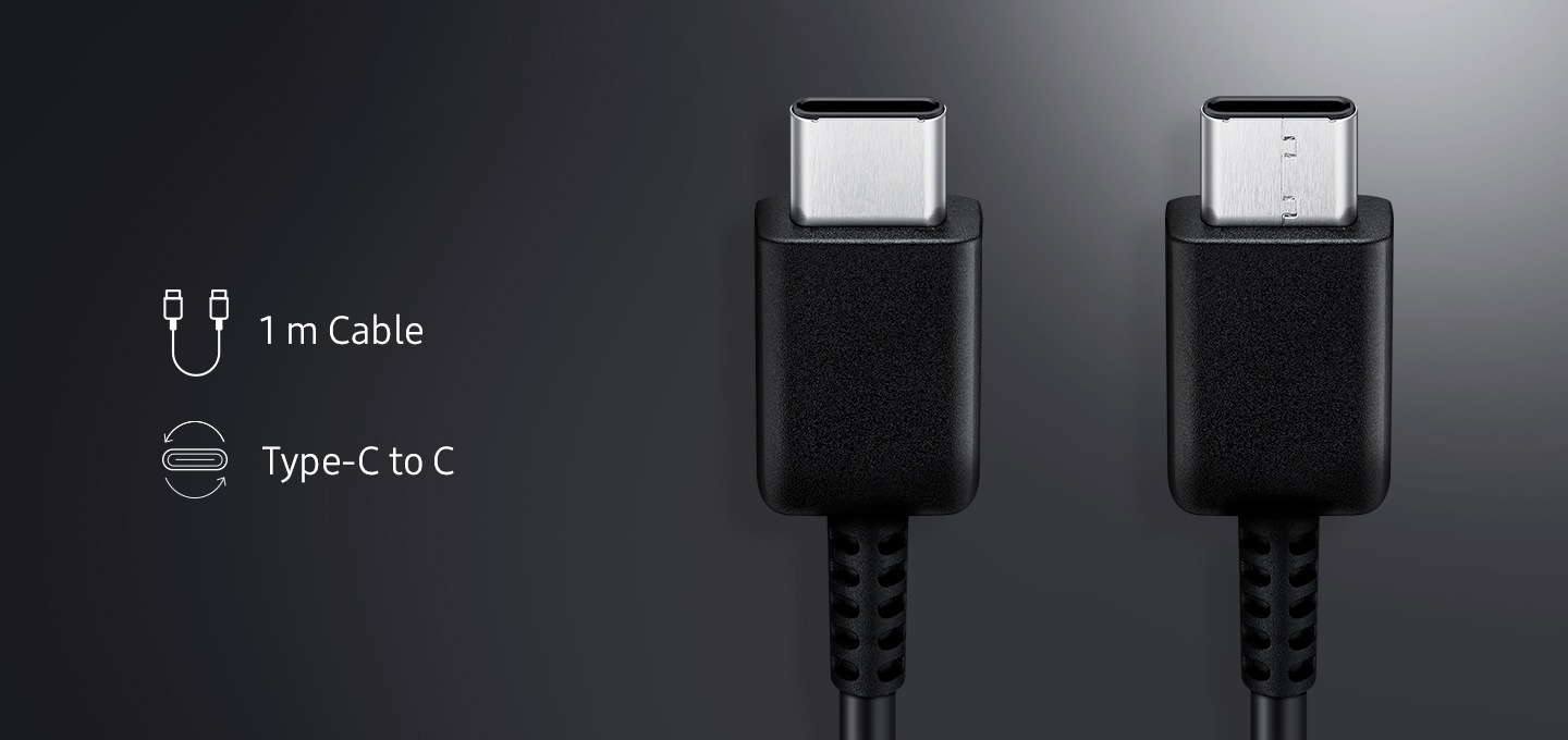 USB C to C 케이블 연결 단자가 보여지며 왼쪽에 1m Cable의 텍스트와 일러스트, Type-C to C의 텍스트와 일러스트가 보여집니다.
