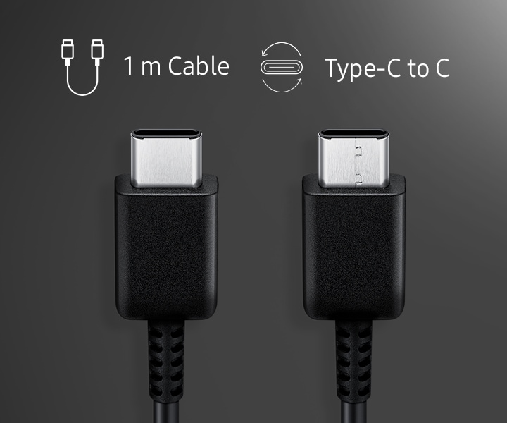 USB C to C 케이블 연결 단자가 보여지며 왼쪽에 1m Cable의 텍스트와 일러스트, Type-C to C의 텍스트와 일러스트가 보여집니다.