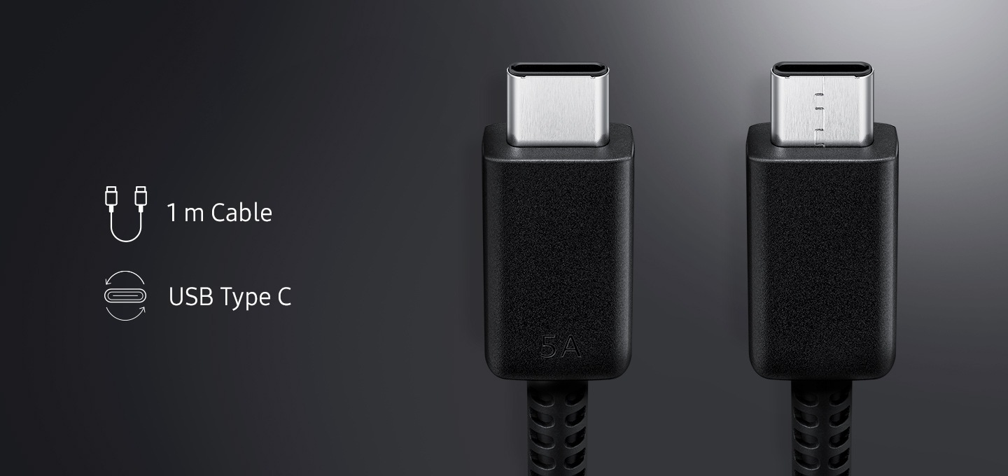 USB C to C 케이블 연결 단자가 보여지며 왼쪽에 1m Cable의 텍스트와 일러스트, USB Type C의 텍스트와 일러스트가 보여집니다.