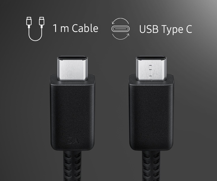 USB C to C 케이블 연결 단자가 보여지며 왼쪽에 1m Cable의 텍스트와 일러스트, USB Type C의 텍스트와 일러스트가 보여집니다.