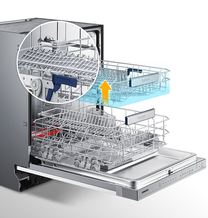 식기 세척기는 오픈되어 바스켓이 2단으로 있으며, 높이 조절이 가능한 하다는 것을 보여주고 있습니다,