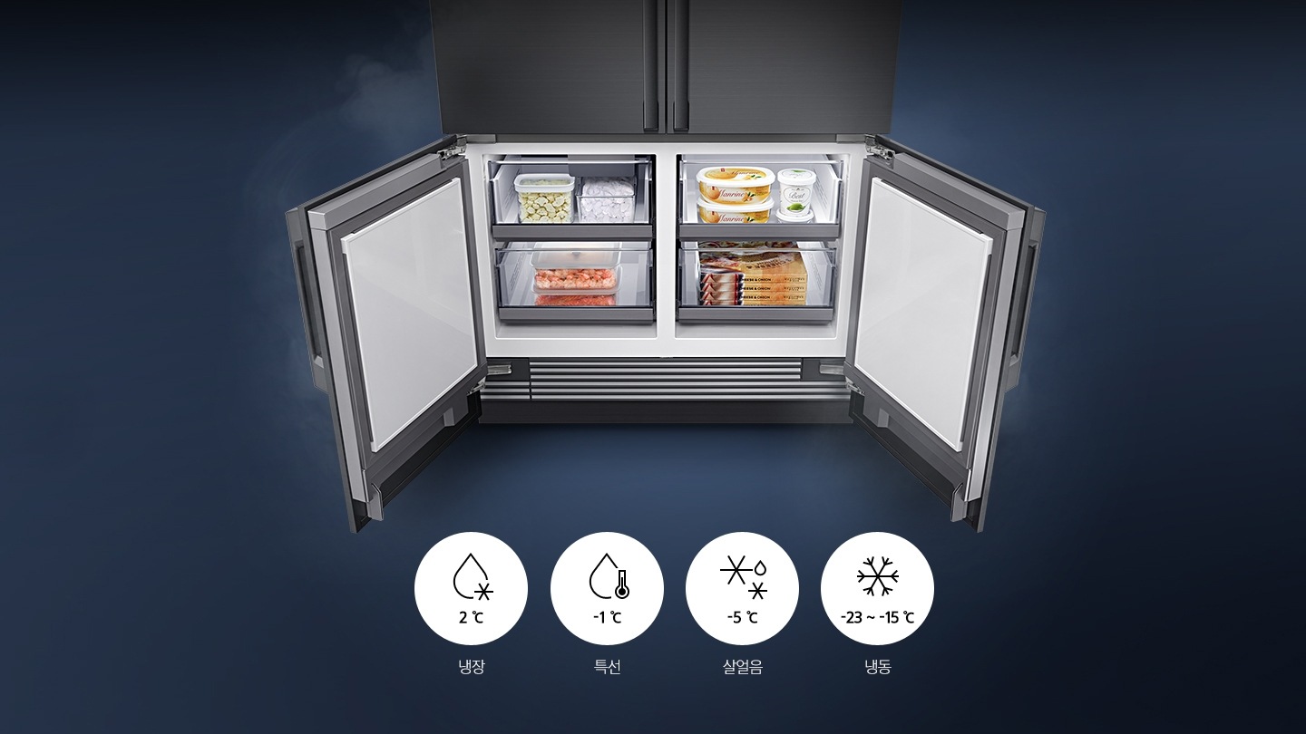 전문 변온실 참맛 냉동실을 보여주고, 냉장/특선/살얼음/냉동의 각각 온도를 보여주고 있습니다.