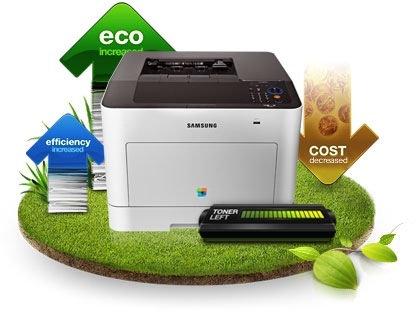 토너와 용지를 절약하는 에코기능을 지원하여 비용을 절감하고 환경을 보호함을 안내하는 모습입니다.