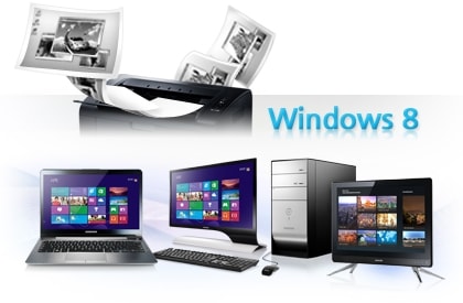 Windows 8을 탑재한 PC와 프린터의 구동하는 모습을 보여주고 있습니다.