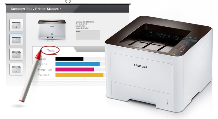 Samsung Easy Printer Manager 프로그램을 실행하여 토너량을 모니터링하는 화면을 보여주는 컷입니다. Samsung Easy Printer Manager 프로그램 화면에는 토너량 체크 메뉴에 빨강 동그라미가 그려져 있습니다. 우측에는 삼성 프린터가 보이고 있습니다.