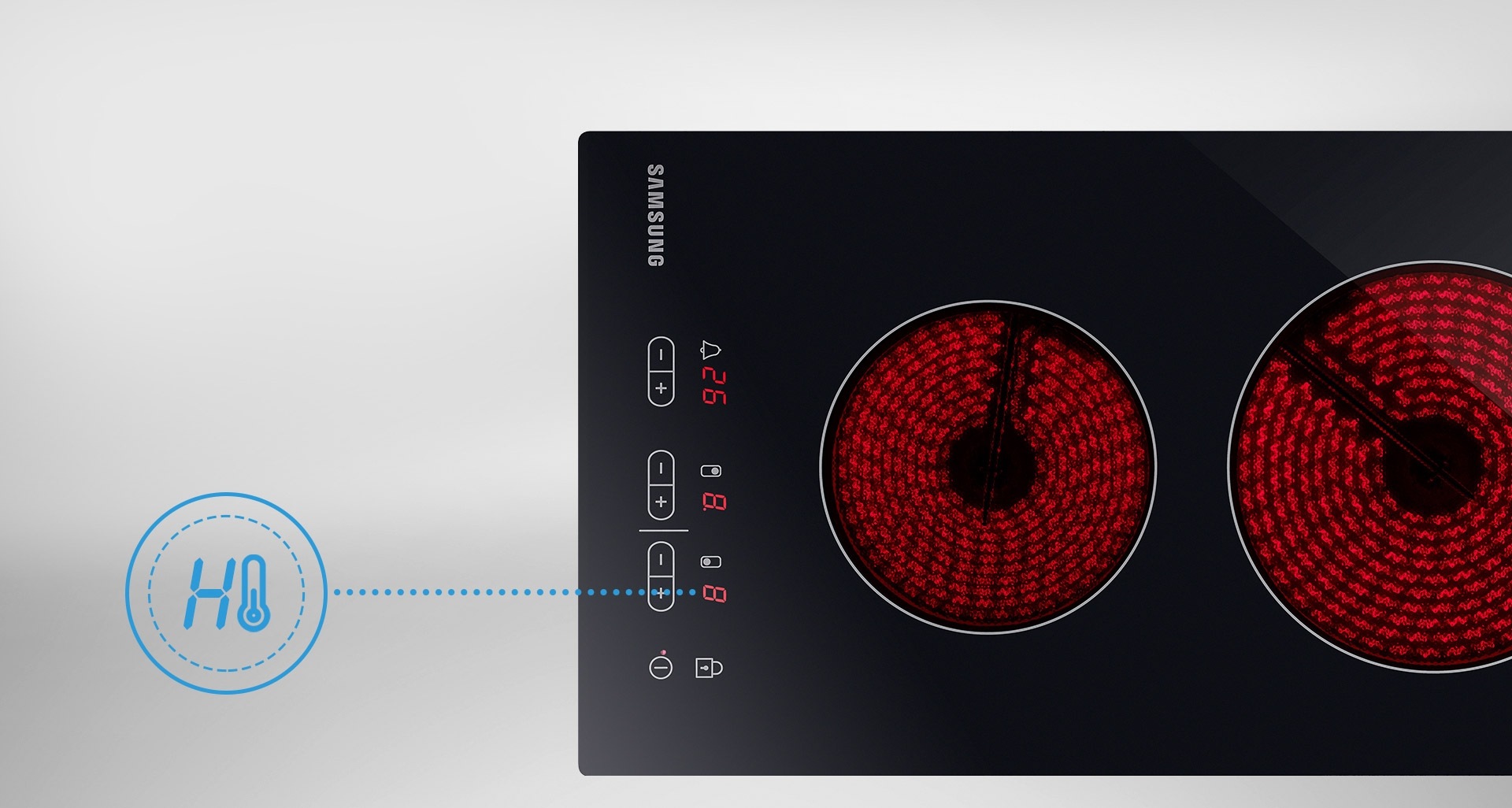 전자레인지가 왼쪽 90도 방향으로 놓여져 있으며 버너가 켜져 있는 모습입니다. 상판에 남아 있는 잔열을 LED 표시창(H)으로 알려줍니다. 