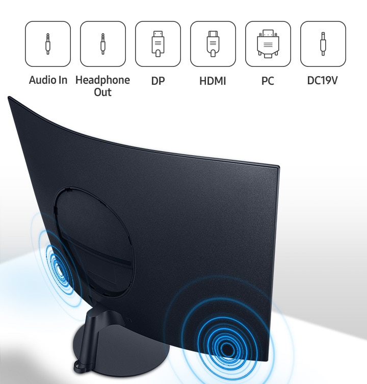 제품에 연결 가능한 포트 정보를 보여주고 있습니다. Audio In, Headphone Out, DP, HDMI, PC, DC19V 포트 명과 아이콘이 나열되어 있습니다.