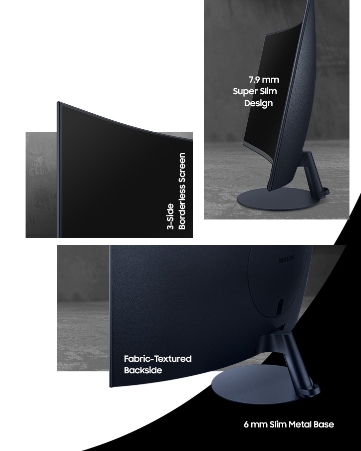 제품 윗면 베젤 확대, 옆면, 뒷면 3가지 각도의 제품 컷이 있고 각각의 컷에 3-Side Borderless Screen, 7.9mm Super Slim Design, Fabric-Textured Backdside, 6mm Slim Metal Base 문구가 쓰여져 있습니다.