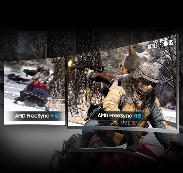 왼쪽에는 AME FreeSync 꺼짐 문구와 함께 끊어지는듯한 게임 화면이 보이고, 오른쪽 모니터 인스크린에는 AMD FreeSync 켜짐 문구와 함께 부드러운 게임 화면이 보입니다.