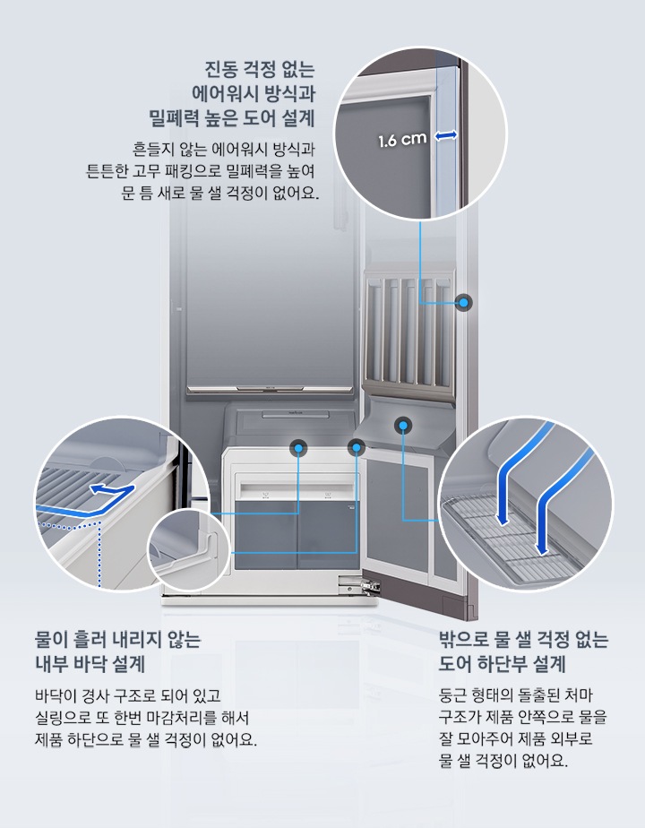 에어드레서 내상컷이 보이며, 내부바닥설계 확대, 진동걱정없는 에어워시 방식과 밀폐력 높은 도어설계 확대, 밖으로 물 샐 걱정 없는 도어 하단부 설계 확대가 보여지고 있습니다.