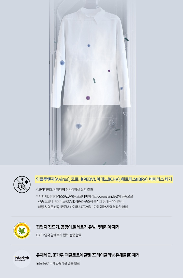 삼성 에어드레서를 옆에서 본 상태로 내부가 투영된 모습입니다. 내부에는 안감케어 옷걸이에 와이셔츠가 한벌 걸려 있으며, 아래에서 분사되는 스팀을 통해 바이러스와 유해세균이 제거되는 모습입니다.