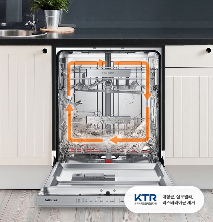 빌트인된 식기세척기의 문이 열려있고 내부에는 식기세척기가 작동되는 모습이 인포그래픽으로 보여지는 모습입니다.