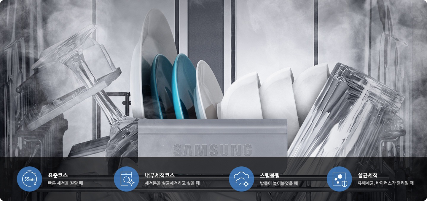 식기세척기 내부에서 그릇이 세척되는 모습이 보여지고, 하단에 표준코스, 내부 세척코스, 스팀불림, 살균세척 아이콘과 문구가 보여집니다.