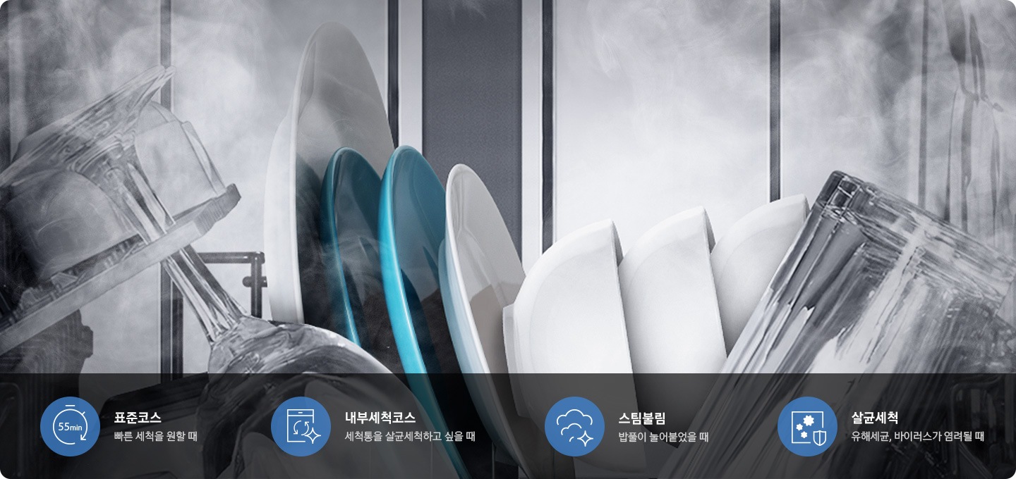 식기세척기 내부에서 그릇이 세척되는 모습이 보여지고, 하단에 표준코스, 내부 세척코스, 스팀불림, 살균세척 아이콘과 문구가 보여집니다.