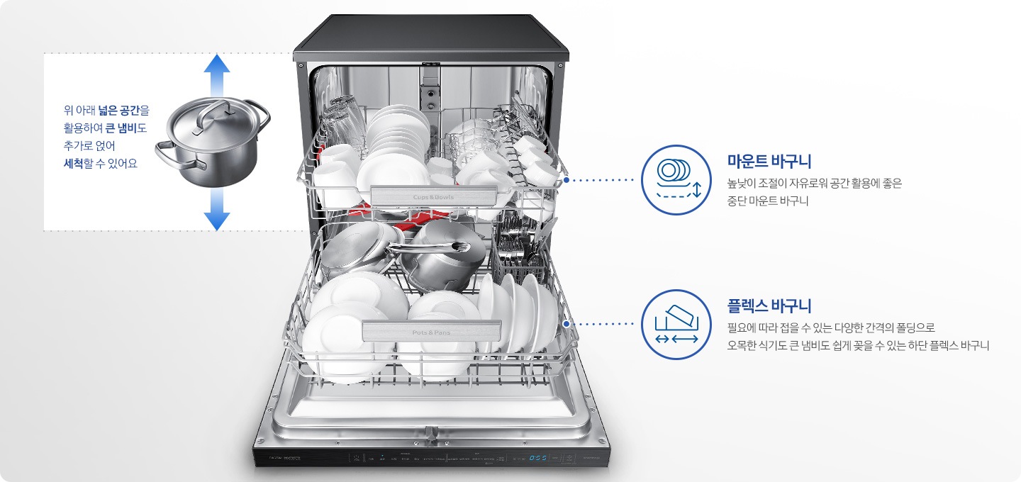 도어가 열리고 내부 식기바구니가 앞으로 나온 제품이 보여지고 있습니다.