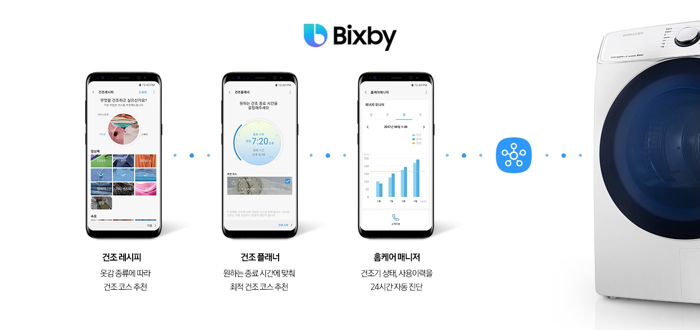 	상단 빅스비 로고가 보여지고, 오른쪽에 그랑데 제품이미지가 있으며 왼쪽에는 스마트폰 앱 화면이 보여집니다.