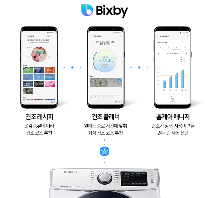 	상단 빅스비 로고가 보여지고, 오른쪽에 그랑데 제품이미지가 있으며 왼쪽에는 스마트폰 앱 화면이 보여집니다.
