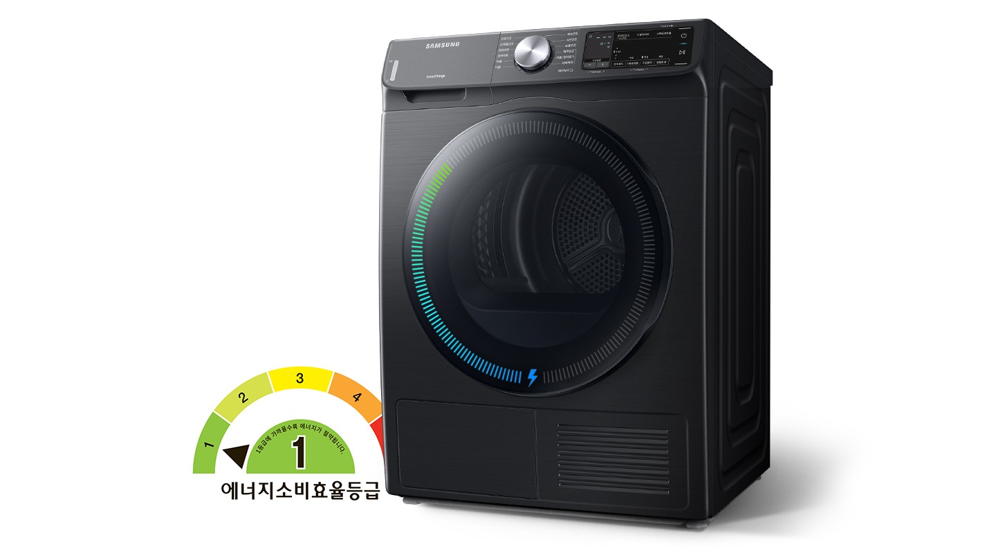 삼성 9kg 건조기 모델과 에너지소비효율등급 1등급 라벨이 보여집니다.