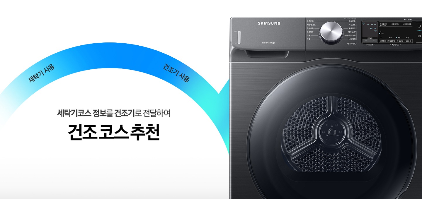 건조기 전면부를 보여주고 있으며, 세탁기와 연동하여 편리하게 사용할 수 있는 AI 코스 연동 기능에 대해 보여주고 있습니다.