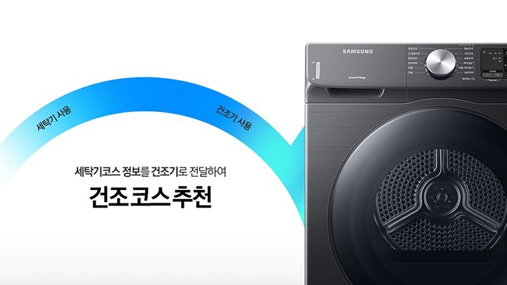건조기 전면부를 보여주고 있으며, 세탁기와 연동하여 편리하게 사용할 수 있는 AI 코스 연동 기능에 대해 보여주고 있습니다.