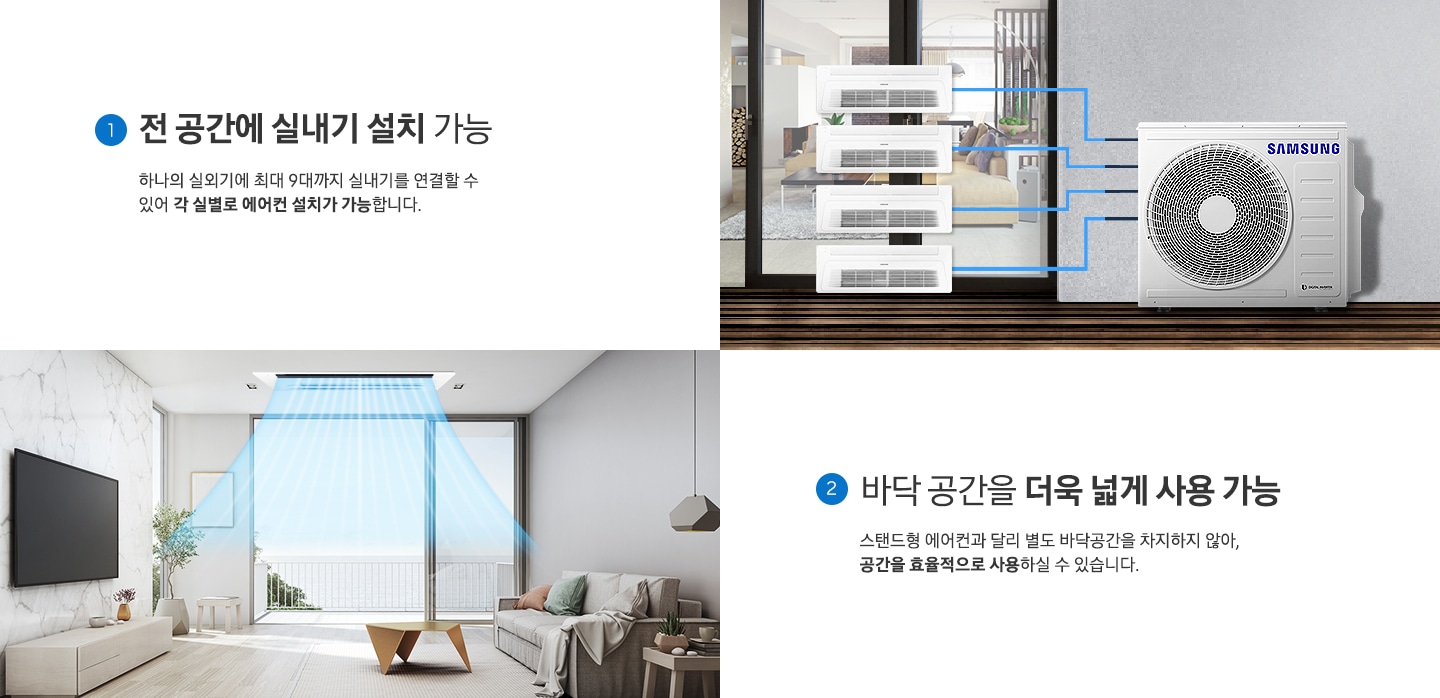 전 공간에 실내기 설치가능한 모습과 넓게 사용 가능한 모습을 보여주고 있습니다.