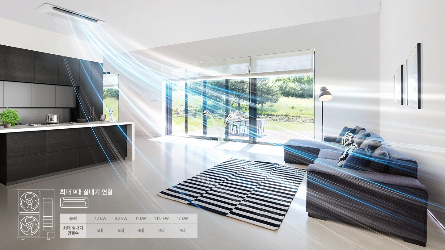 거실에서 시스템 에어컨에서 바람이 나오고 있습니다.