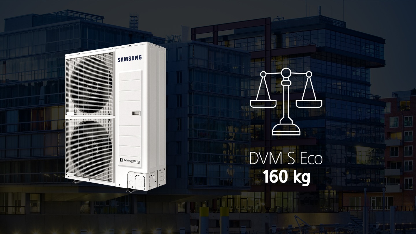 좌측에는 제품 이미지 오른쪽 30도 각도로 보이고 있으며, 이미지 우측으로는 저울 모양의 아이콘이미지와 함께 DVM S Eco 160kg 이라고 표기되어 있습니다.