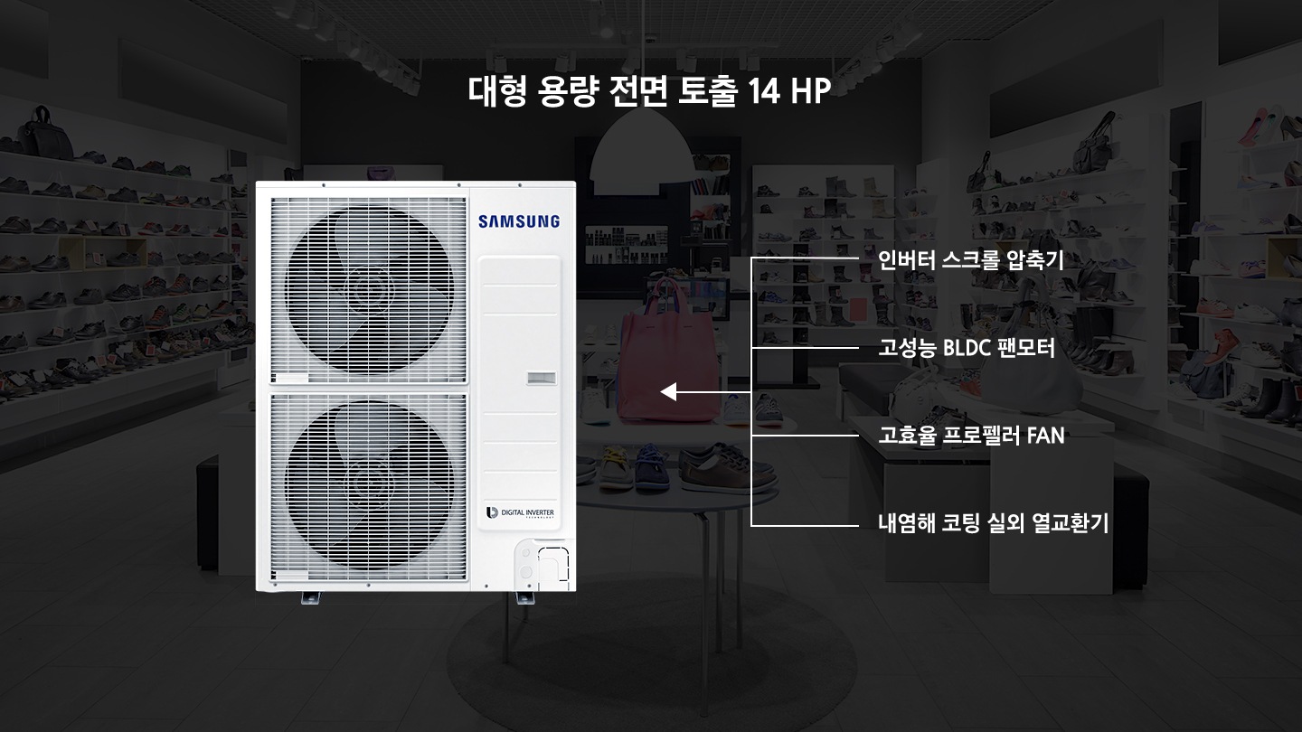 대형 용량 전면 토출 14 HP와 제품 정면컷이 보이고 있으며, 인버터 스크롤 압축기, 고성능 BLDC 팬모터, 고효율 프로펠러 FAN, 내염해 코팅 실외 열교환기를 나타내고 있습니다. 