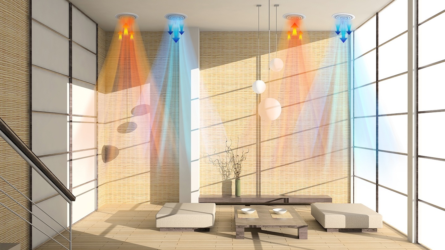 실내 배경으로 더운공기가 유입되고, 차가운 바람이 나오는 모습입니다.