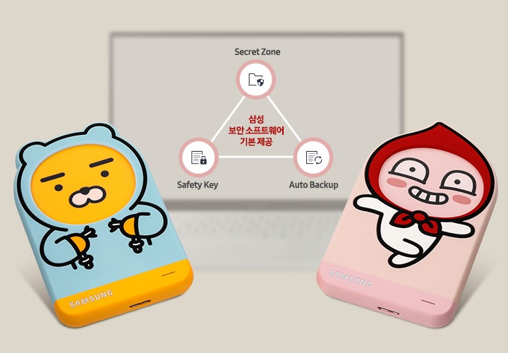 삼성 보안 소프트웨어 기본 제공 문구와 함께, Secret Zone, Safety Key, Auto Backup 문구와 아이콘으로 보안 소프트웨어 기능을 설명하고있습니다. 하단에는 사선으로 뉘여진 라이언, 어피치 외장 HDD 정면이 보입니다.