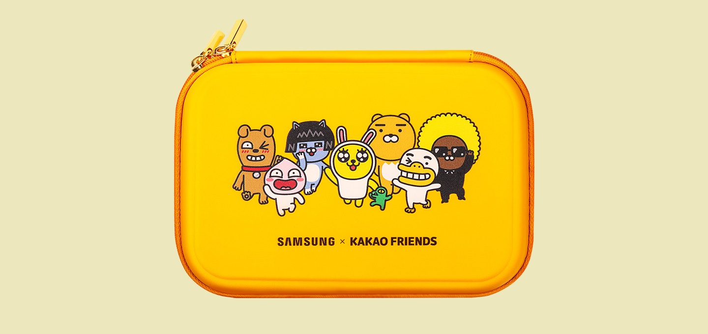 노란색 컬러에 카카오프랜즈 캐릭터들이 그려진 전용 파우치 정면이 보입니다.
