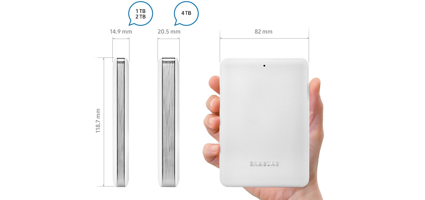 J3 사이즈를 보여주고 있습니다. 4 TB, 3 TB, 2 TB 용량은 두께가 20.5mm, 가로 82 mm 세로 118.7 mm,  1 TB 용량은 두께가 14.9 mm, 가로 82 mm 세로 118.7 mm, 입니다.