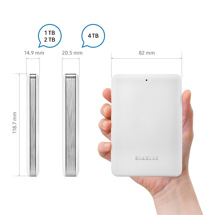 J3 사이즈를 보여주고 있습니다. 4 TB, 3 TB, 2 TB 용량은 두께가 20.5mm, 가로 82 mm 세로 118.7 mm,  1 TB 용량은 두께가 14.9 mm, 가로 82 mm 세로 118.7 mm, 입니다.